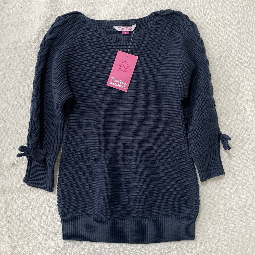 RuffleButts Tunic Navy Blue Sweater Dress Lace Up Sleeves Girls 5